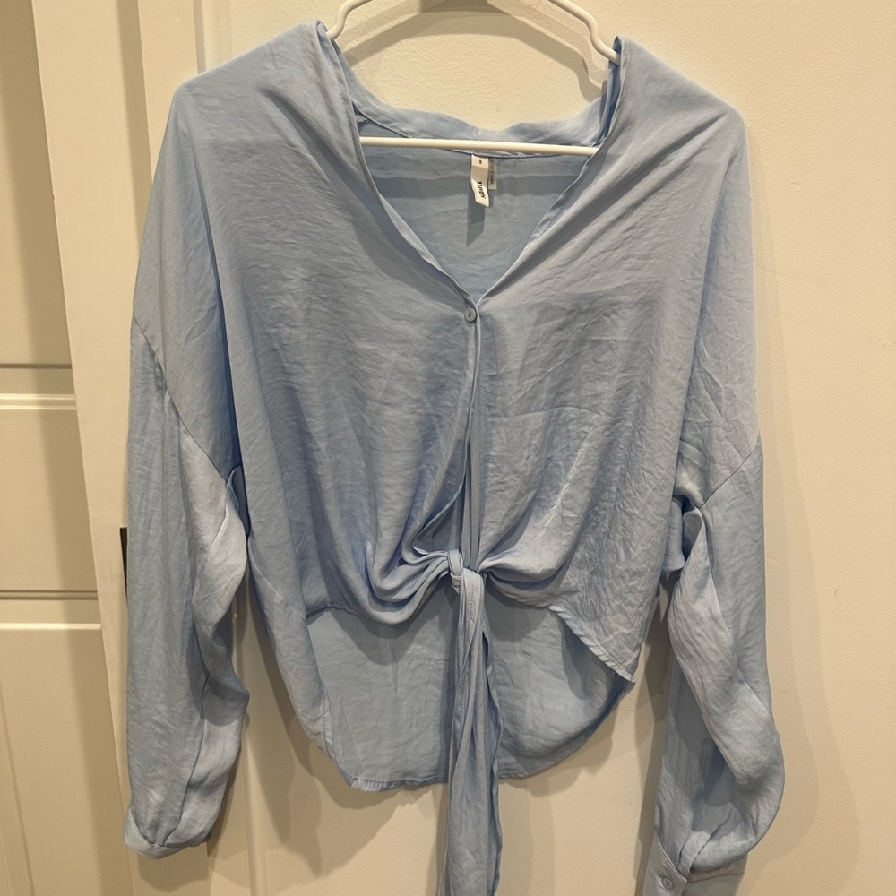 Glam Sky Blue Tie-Front Blouse